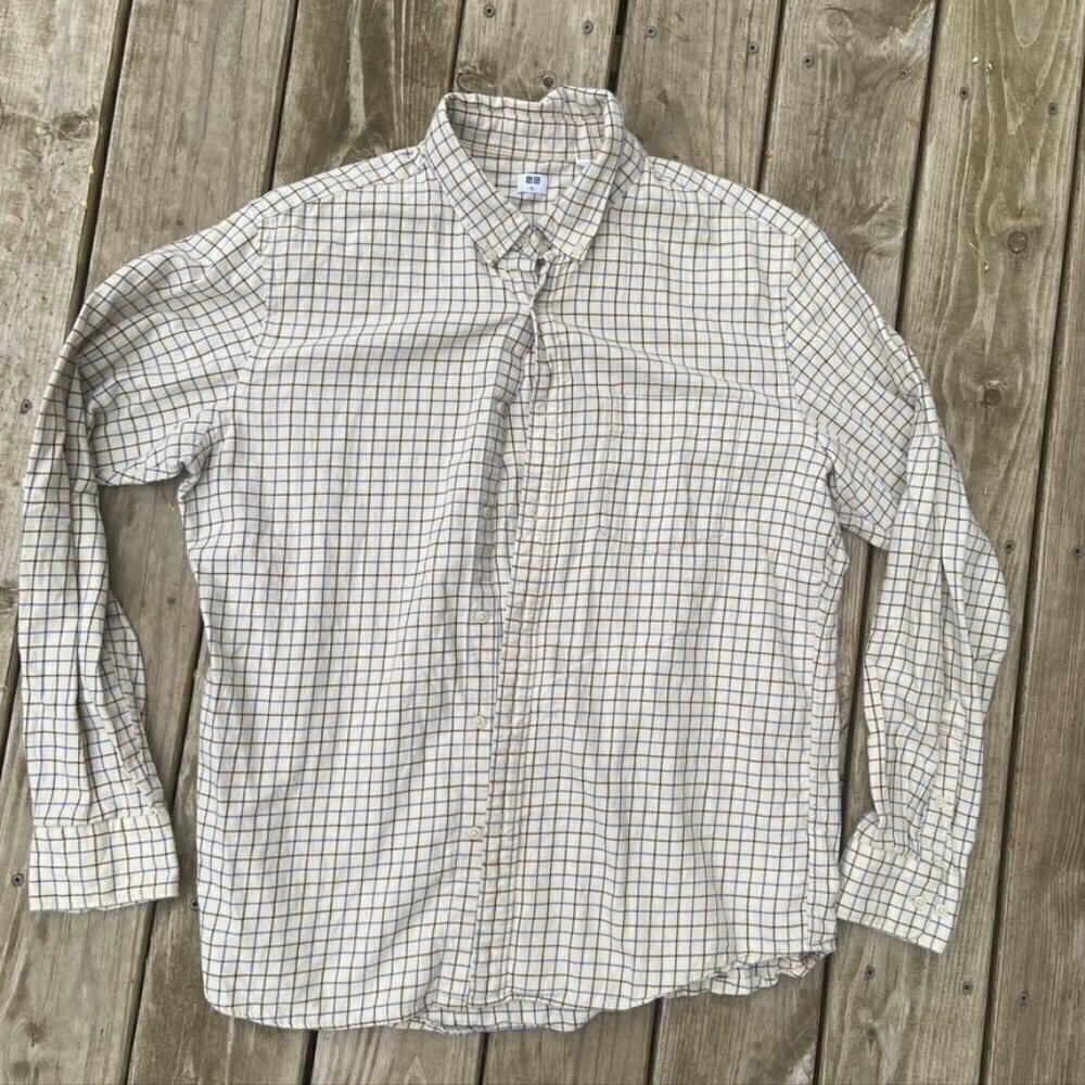 ** UNIQLO  button up FLANNEL plaid cream brown blue XL